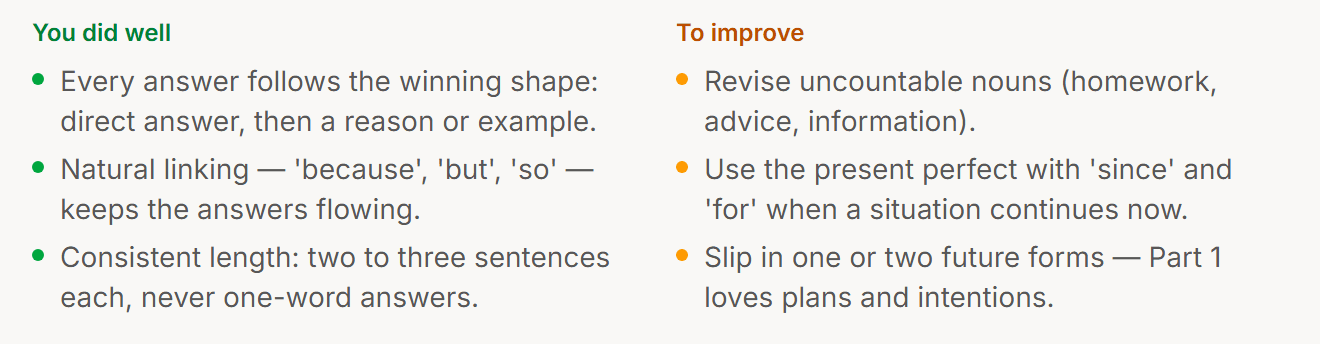 Two lists on every result: what worked, and what to fix next