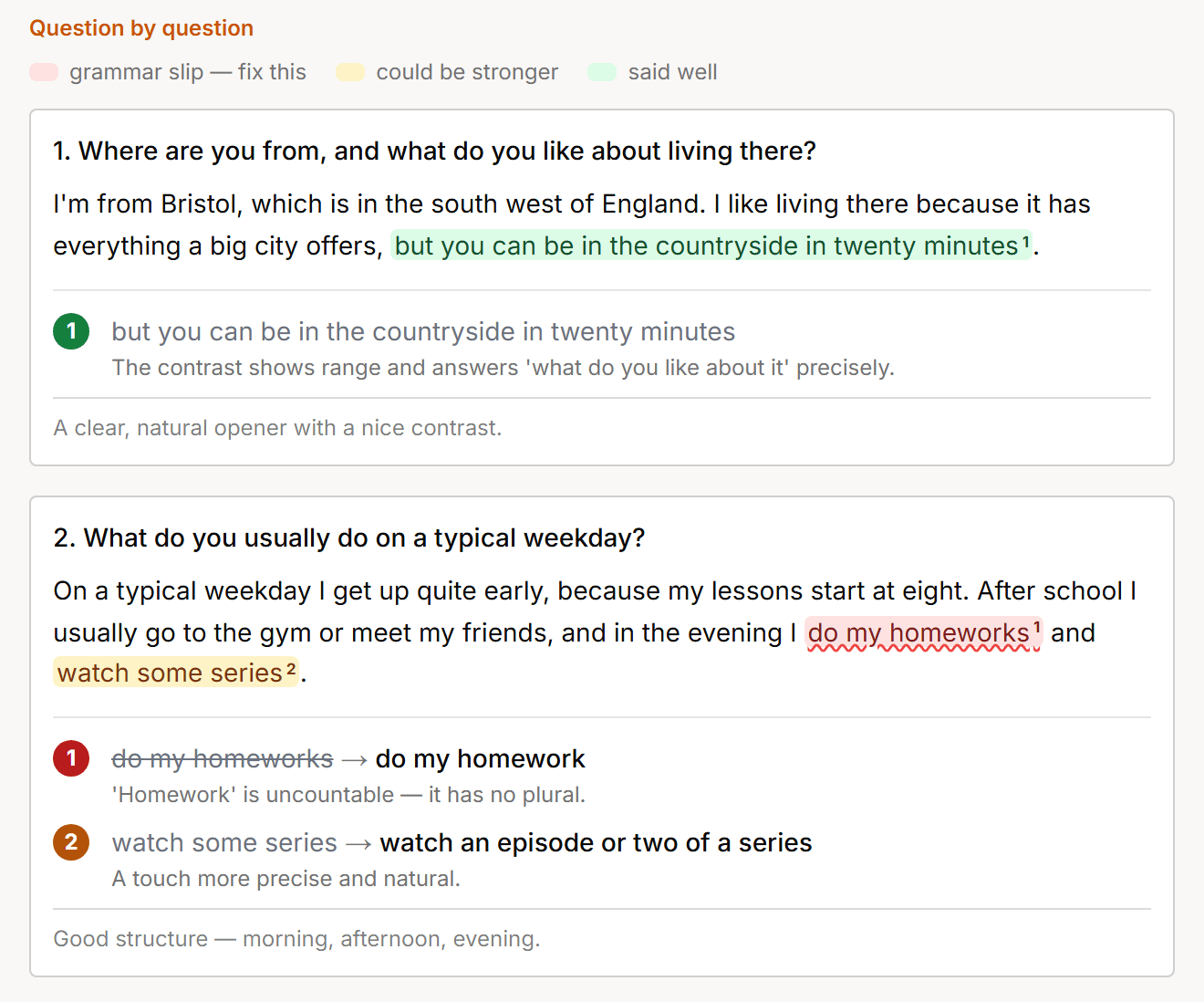 Answer by answer, in the student's own words — red for a slip, amber for weak, green for what worked