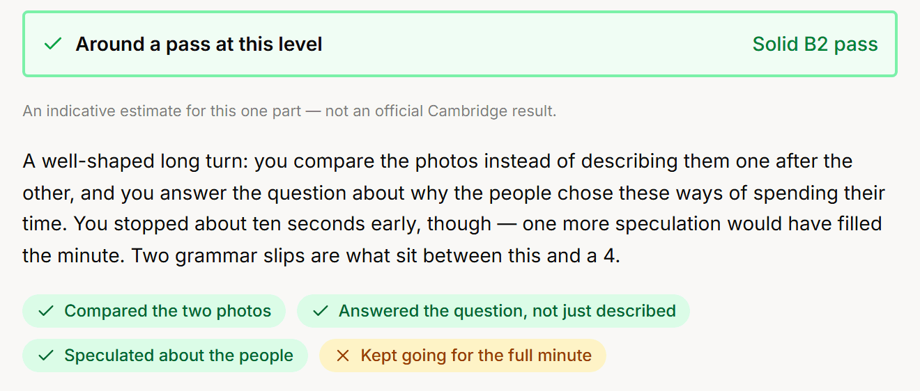 A pass — with the one task check the student missed said out loud