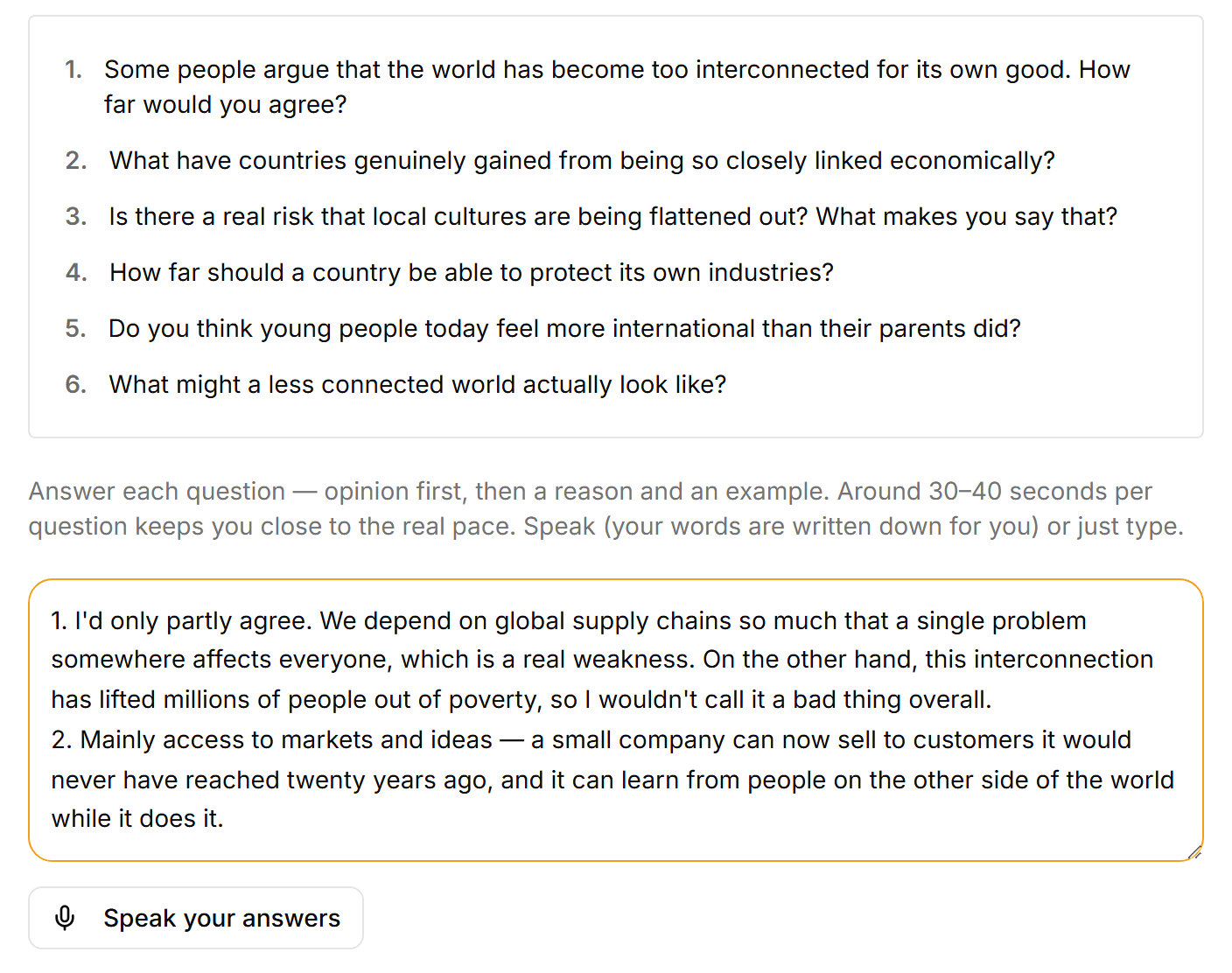 Part 4 · six C1 questions, answered in the student's own words