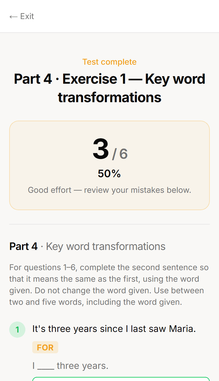 Reading & Use of English — Part 4 · Key word transformation