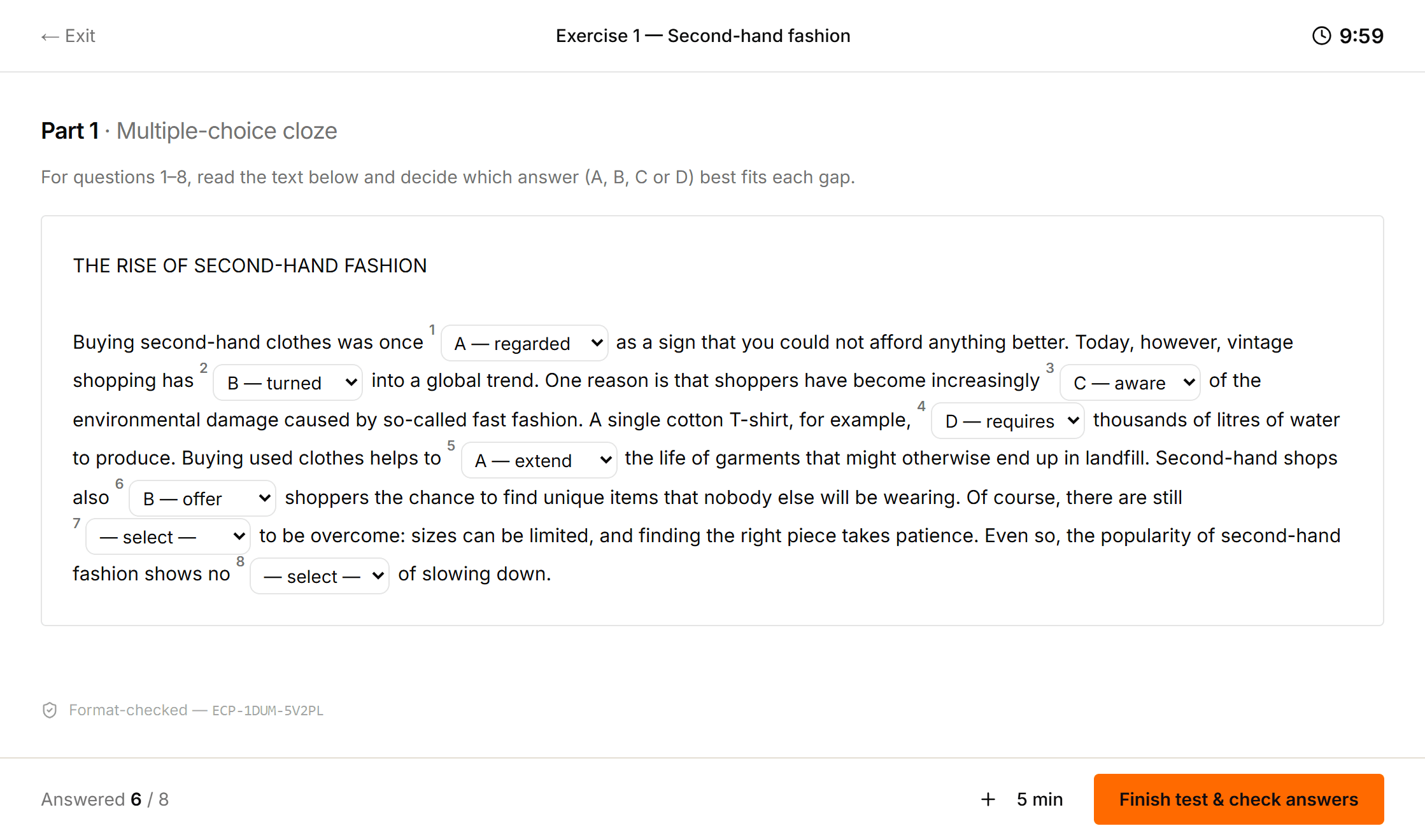 A B2 First Reading and Use of English exercise with the timer running